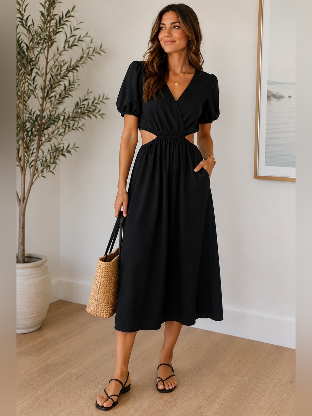 Gabby Skye Black Cut Out Puffed Sleeve Vacation Midi Dress